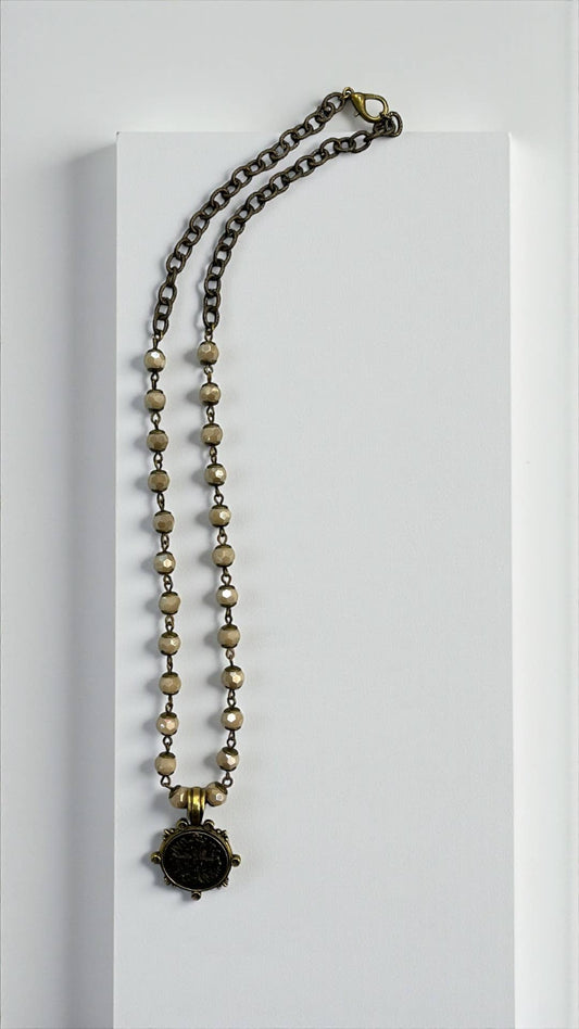 20” Necklace with relic coin on ivory 8mm and cable chain