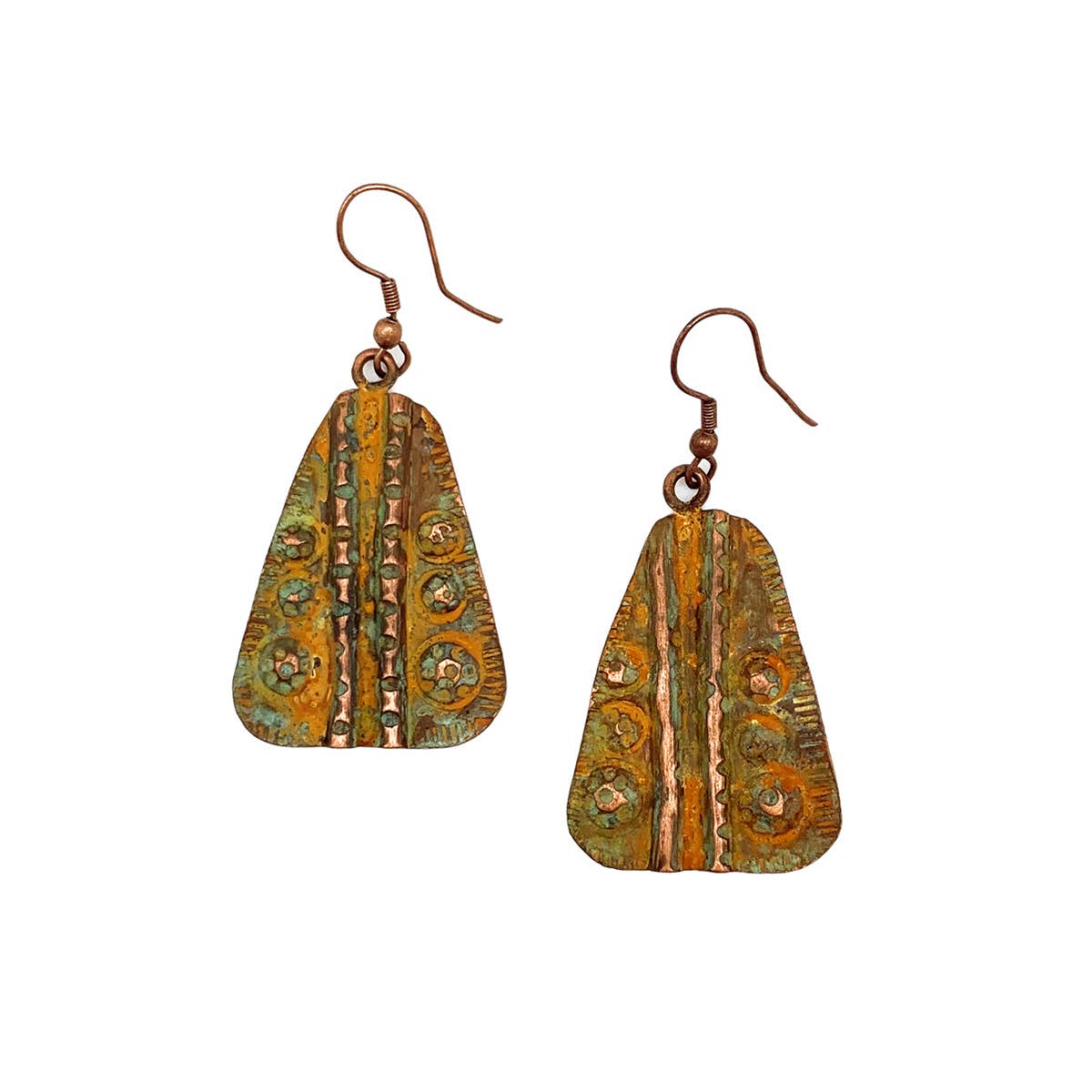 Copper Patina Earrings - Chartreuse Band and Circles