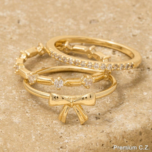 3 Piece Cz Studded Ribbon Bow Band Rings Set: CRG