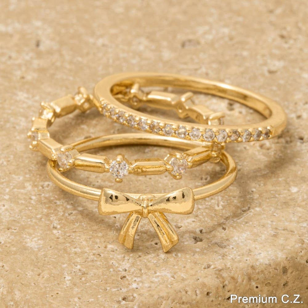3 Piece Cz Studded Ribbon Bow Band Rings Set: CRR