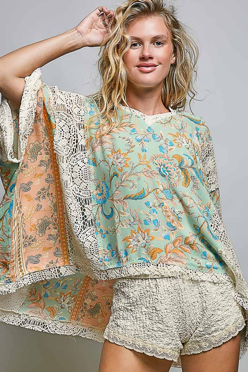 Boho Floral Crochet Patch stitch detail Hoodie Top