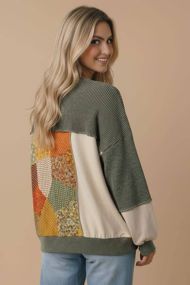 Bubble Sleeve Mixed Rib Thermal KnitTop