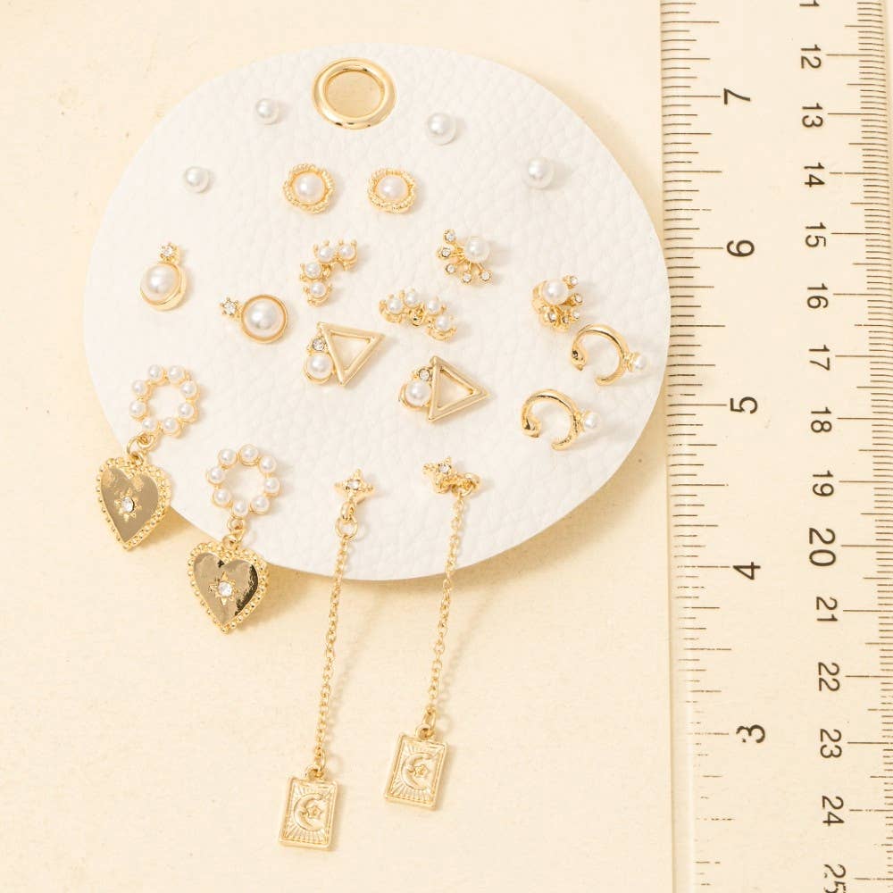 10 Pair Assorted Heart Pearls Earrings Set: GDCRM