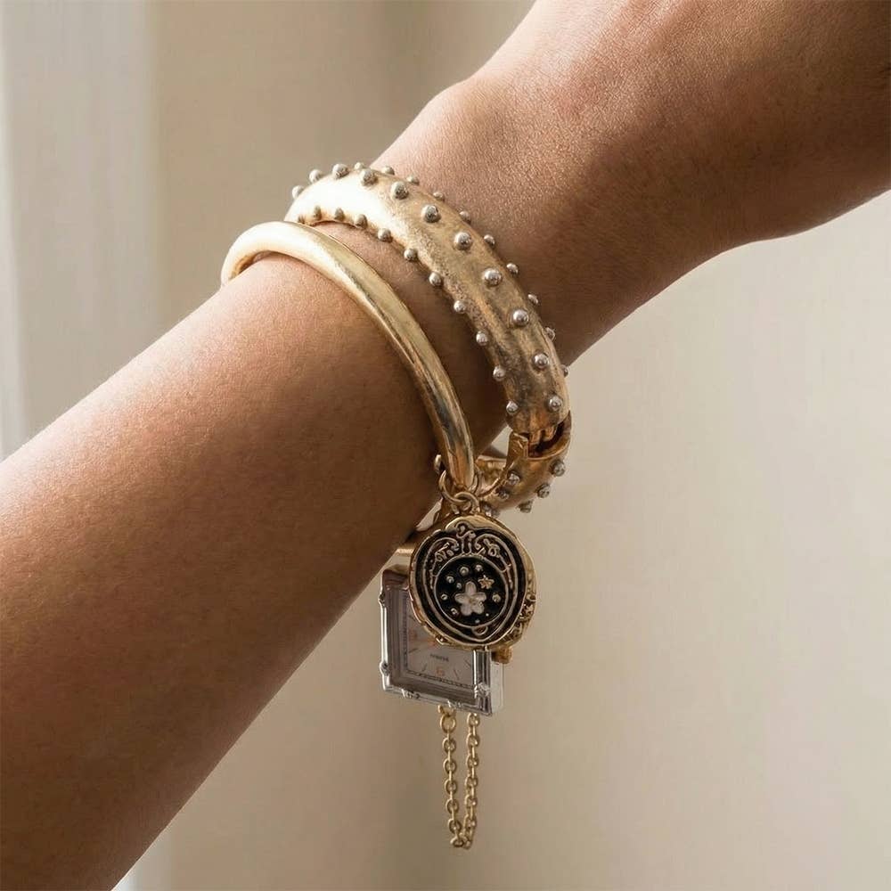 Three Piece Bangle With Charms And Watch Bracelet: GOLD