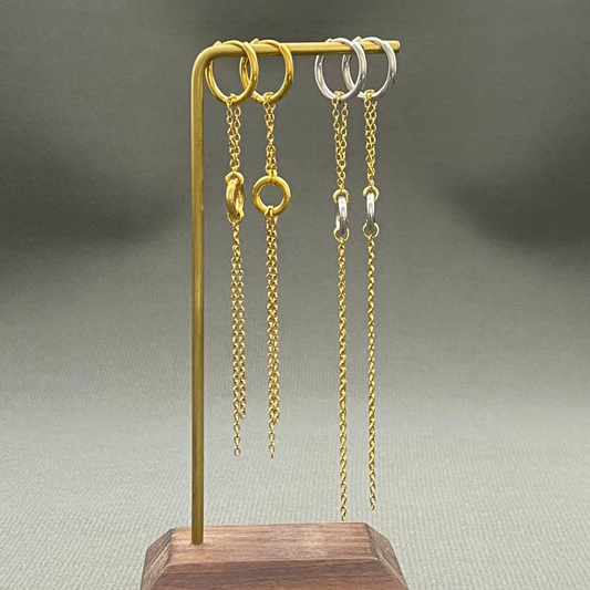 18K Golden Chain Fringe SS Double Loop Huggie Earrings - FGS: Golden + Steel color