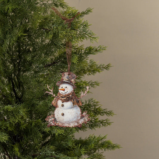 6" HOLLY SNOWMAN METAL ORNAMENT