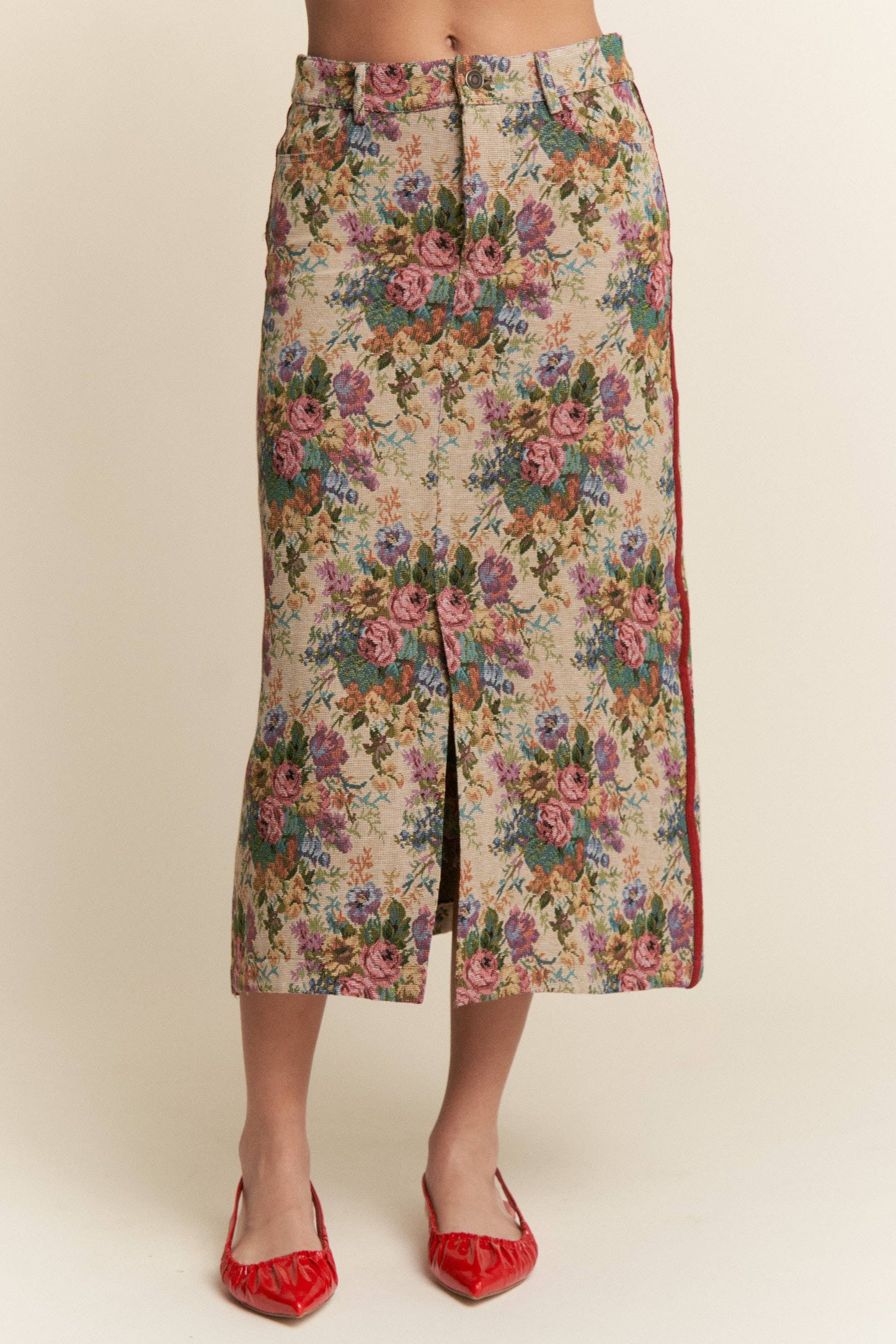 Vintage Floral Front Slit Midi Skirt