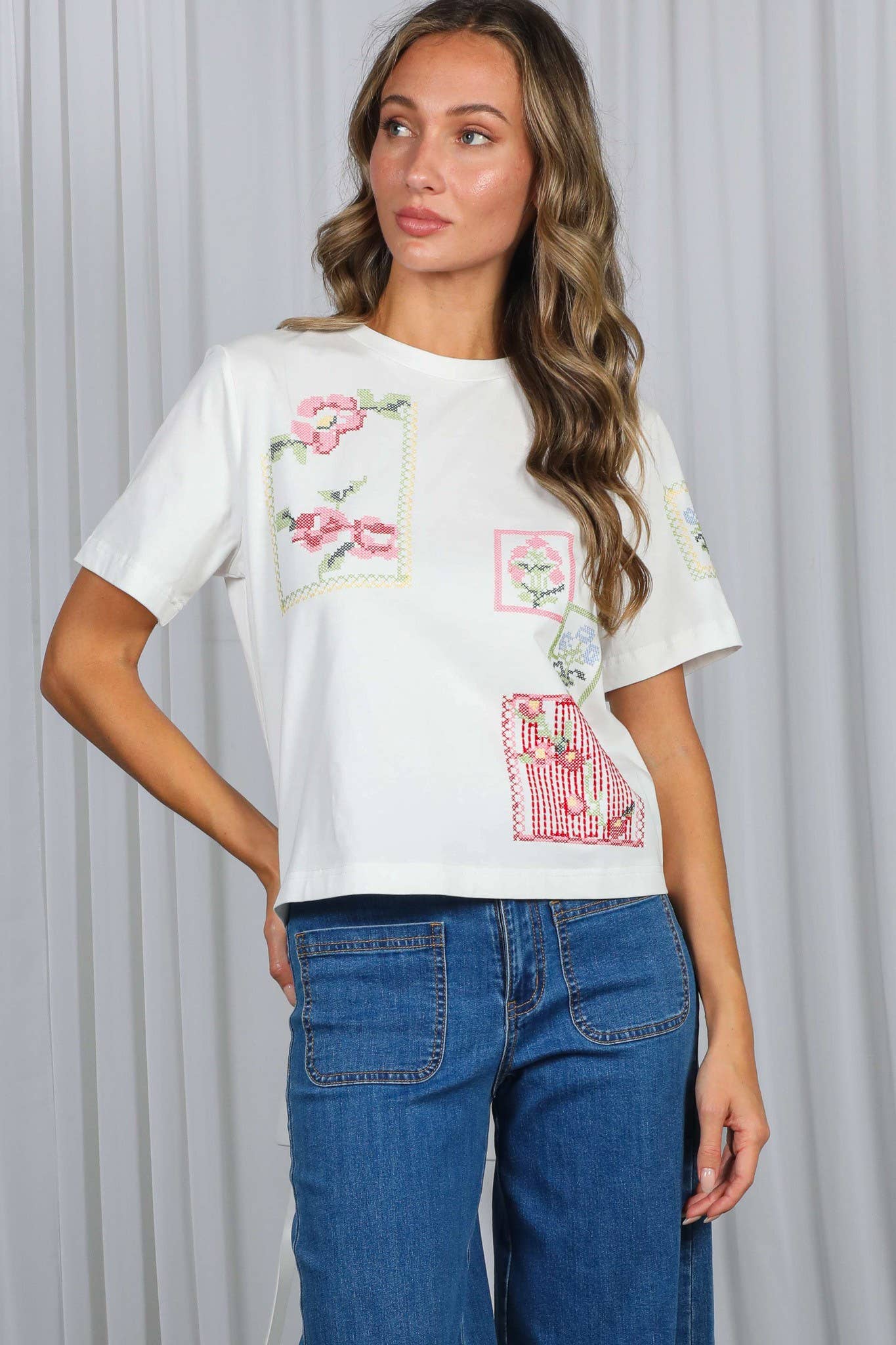 Cross-Stitch Embroidered Detail 100%Cotton Top VT82988: Off White / L