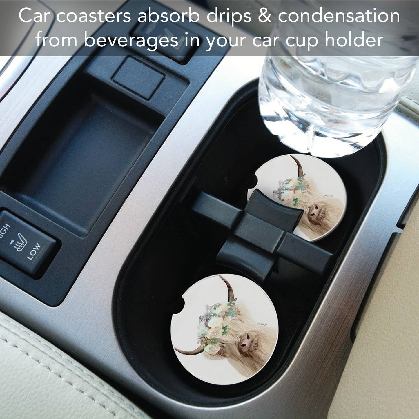 "Floral Highland Cow" Single Packaged Stone Car Coaster