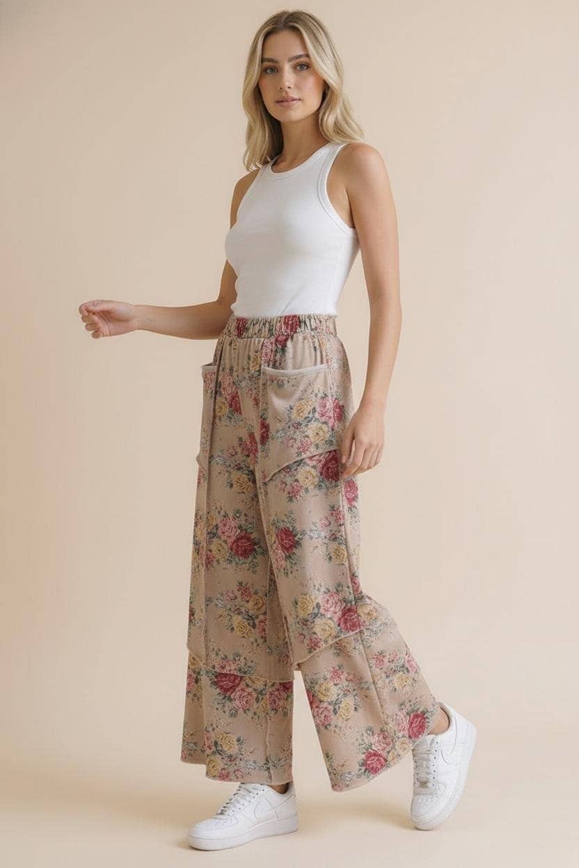Elastic Waist Wide Leg Vintage Floral Pant: Oatmeal / S