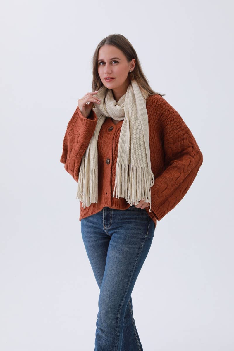 Chenille Knit Scarf with Tassels – Ultra-Soft & Luxurious: Beige