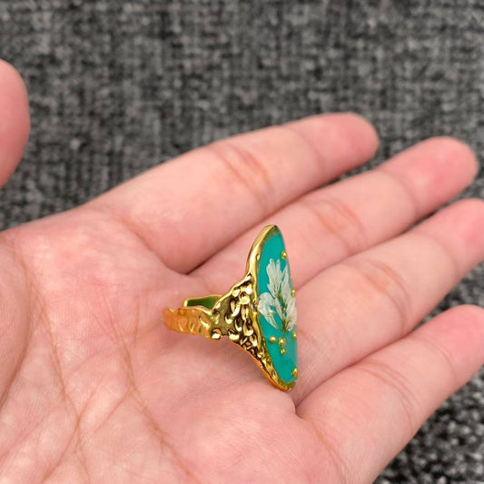 Dried Flower Green Resin 18K Golden S.Steel Ring - PDF/FGS: 7