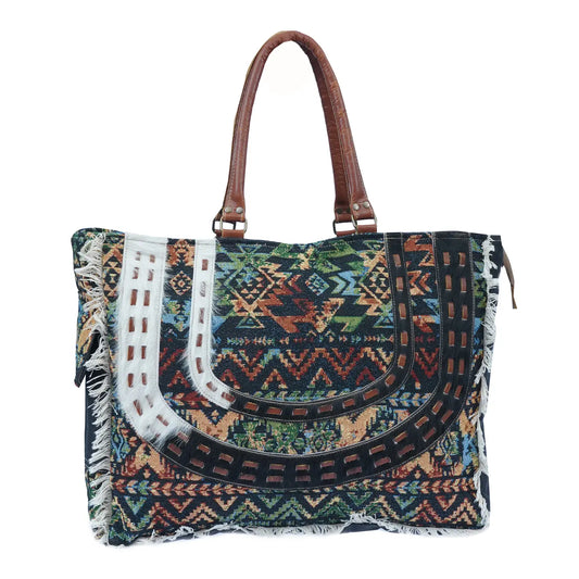 Midnight Tapestry and threaded cowhide Evelm Weekender Bag