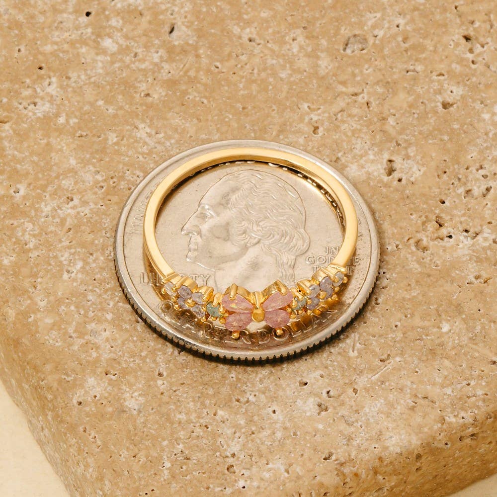 Gold Dipped Cz Flower Bow Ribbon Ring: G