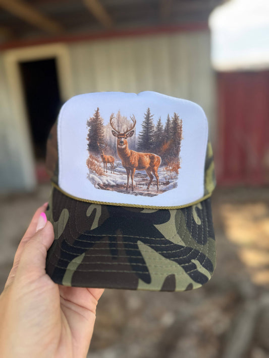 Retro Deer Trucker Cap - Multiple Color Options: Camo & White