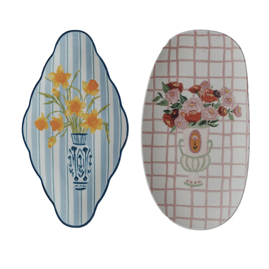Textured Stoneware Plate w/ Flowers in Vase, 2 Styles