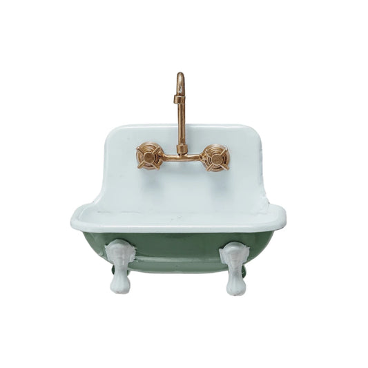 Metal Sink Soap Dish w/ Faucet, Green, White & Gold Finish