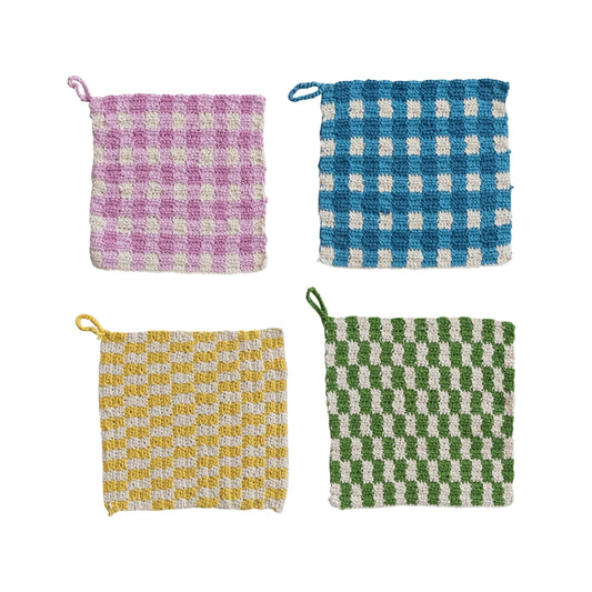 Cotton Crocheted Pot Holder with Check Pattern, 4 Styles