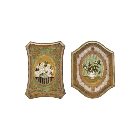 Wall Décor w/ Flowers in Vase, Antique Gold Finish & Multi Color, 2 Styles