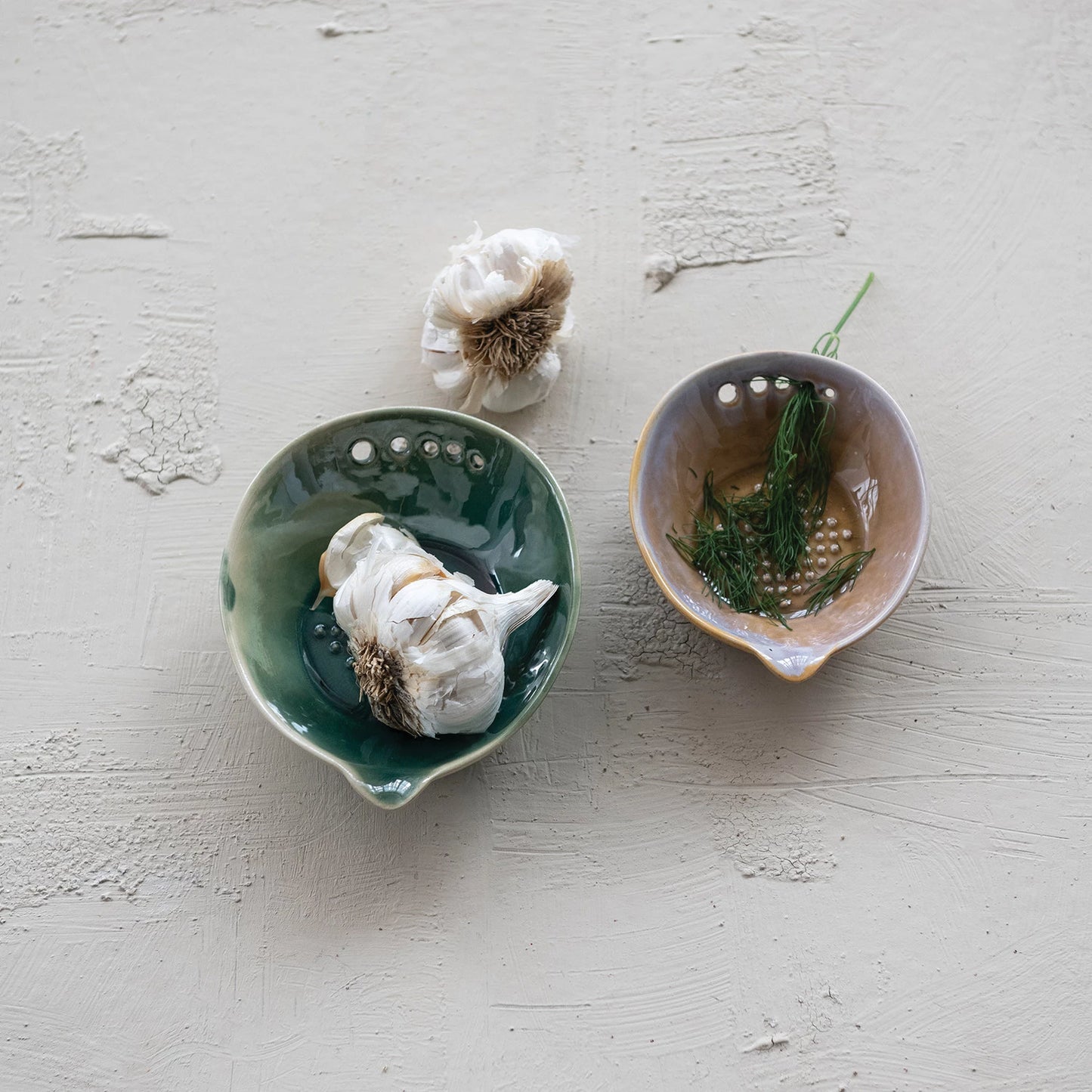 Small Stoneware Garlic/Ginger Graters with Herb Strippers