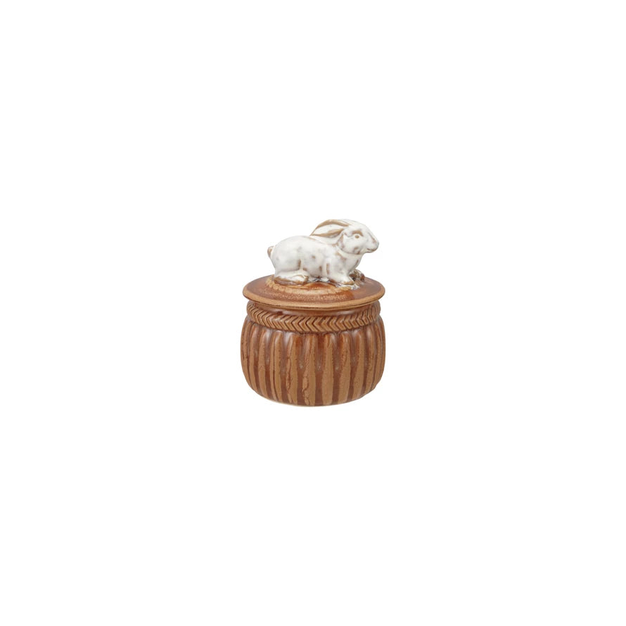 Stoneware Salt Cellar with Rabbit, Brown & White