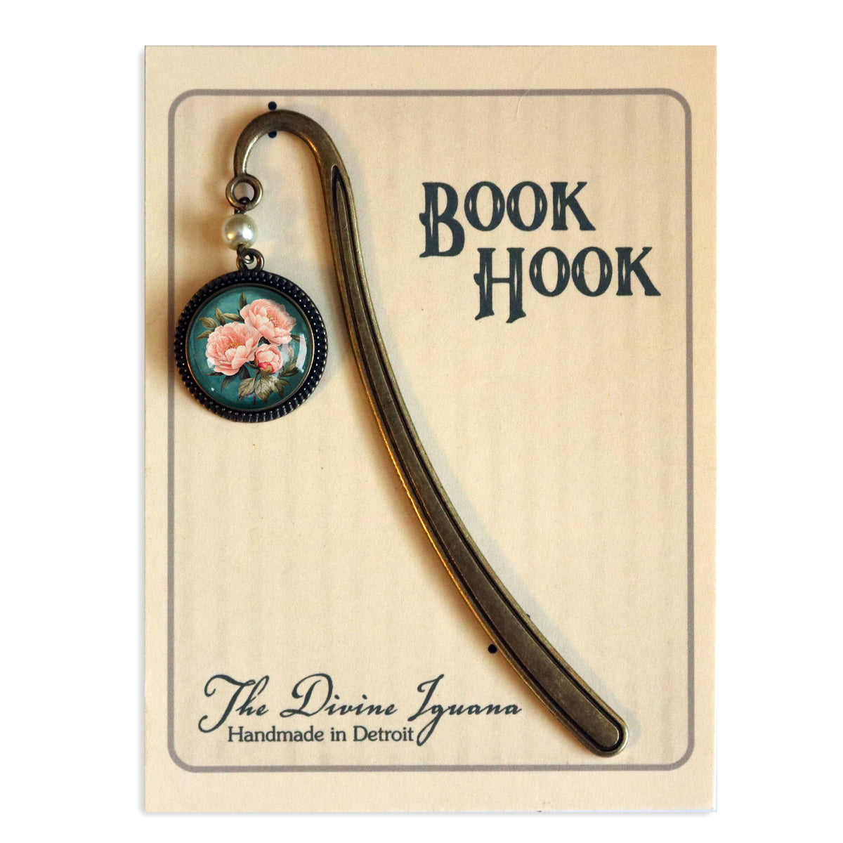 Pink Peony Bronze and Glass Cabochon Bookmark w/ Pearl Bead