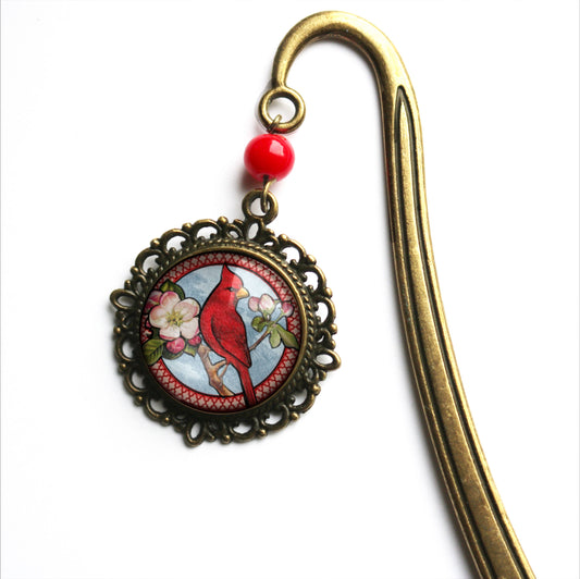 Cardinal Bird Vintage Inspired Bronze and Glass Bookmark