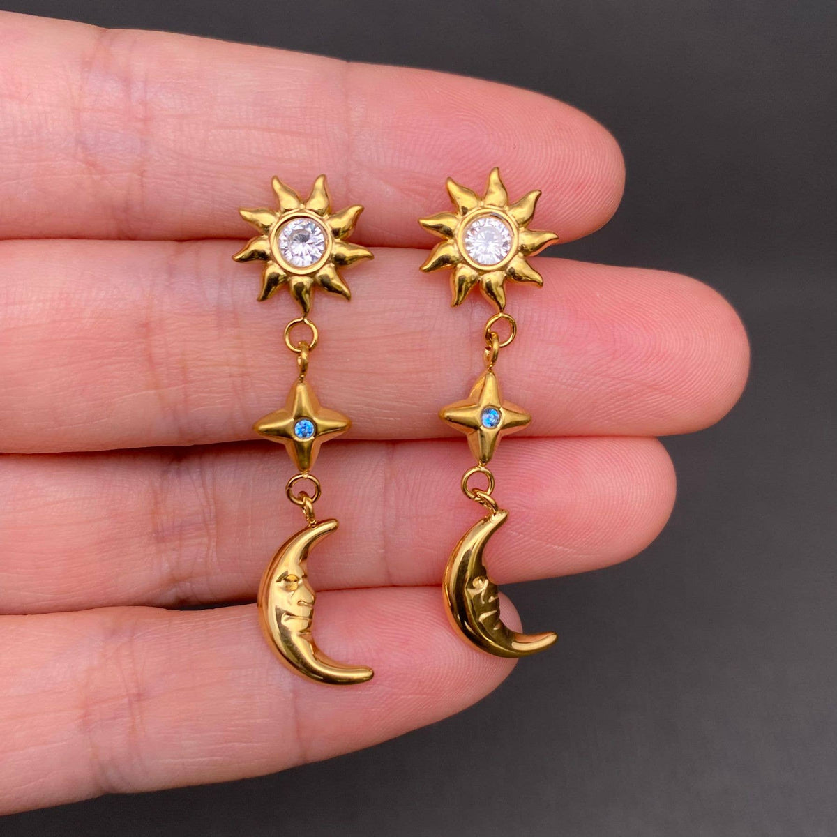 Sun Moon Star 18K Gold Plated S.Steel Post Earrings - FGS/MS
