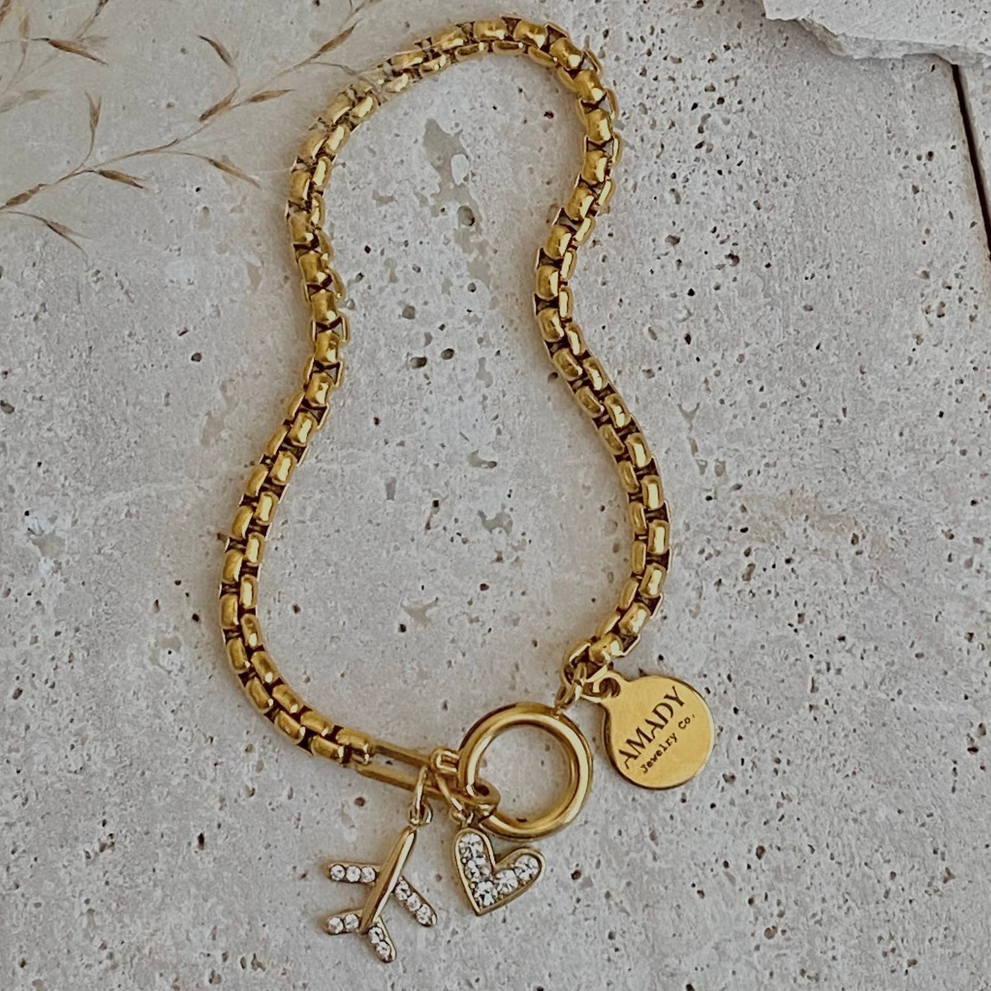 Traveler travel Bracelet airplane plane heart gold plated 