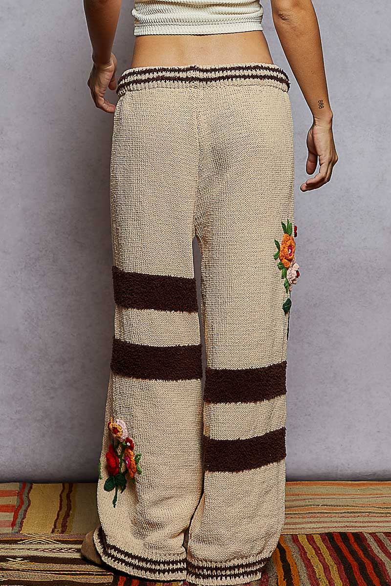Striped pattern 3D embroidered detail chenille sweater pants