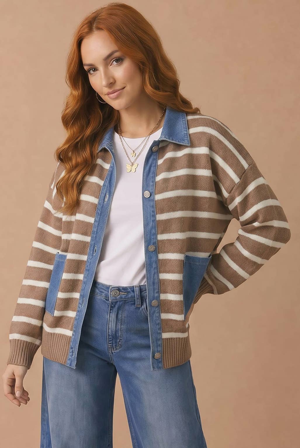 Denim Button Down Stripe Sweater Cardigan