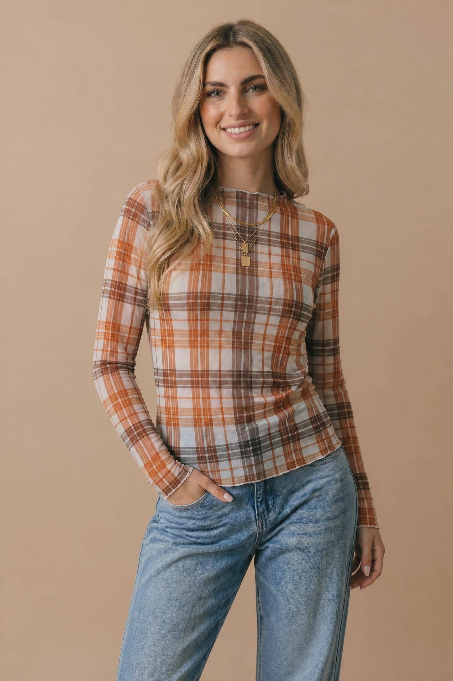 Plaid Mesh Semi-Sheer Top