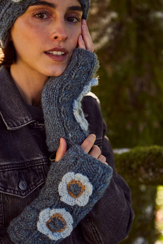 Sorrento Cable Knit Fingerless Glove Crochet Flower Teal
