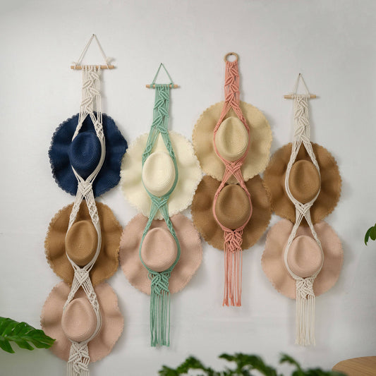 Leaf Macrame Wall Hanging for Hat Storage & Display Collect: Pink