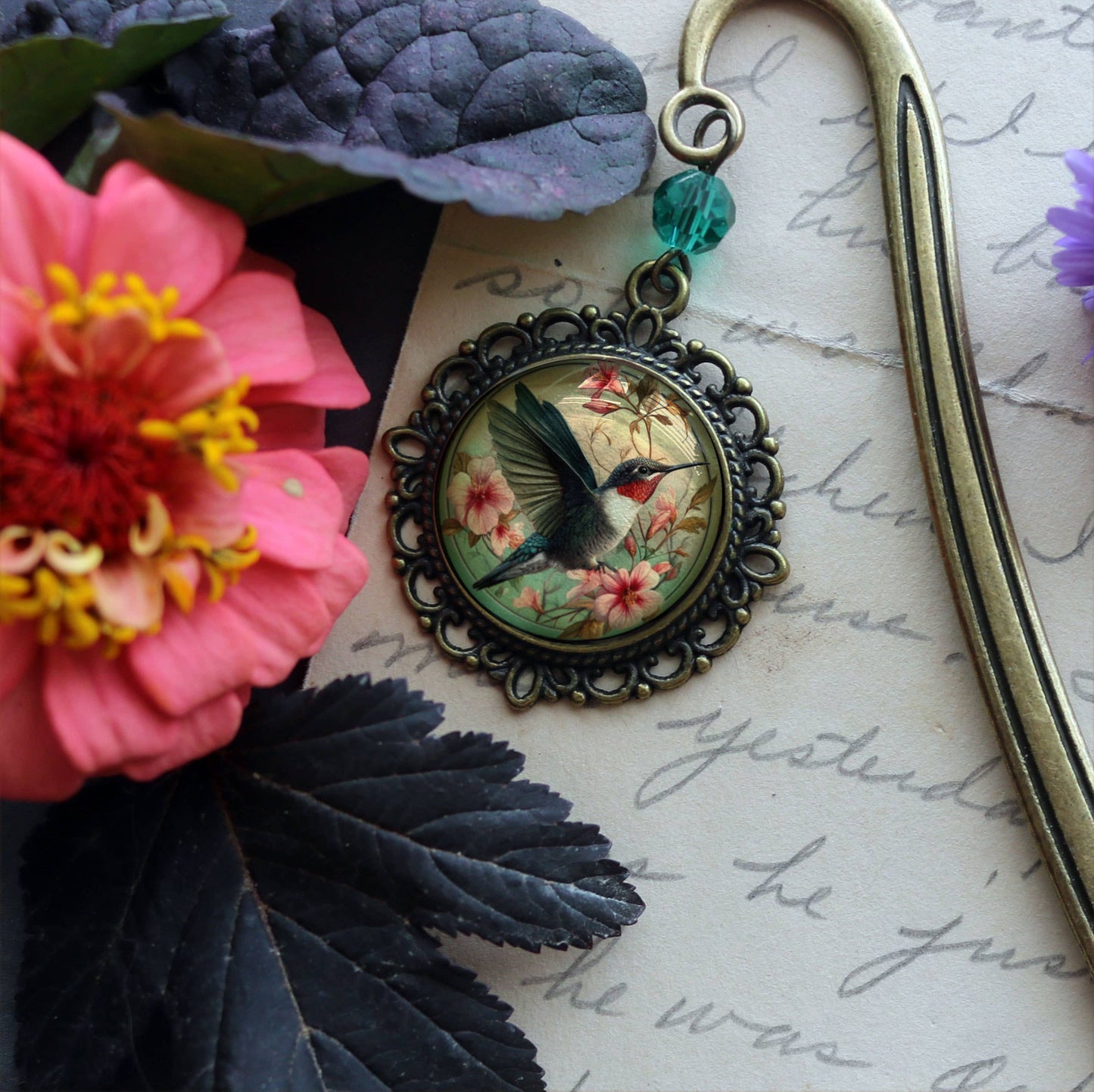 Hummingbird Art Nouveau Glass Cabochon Bronze Bookmark