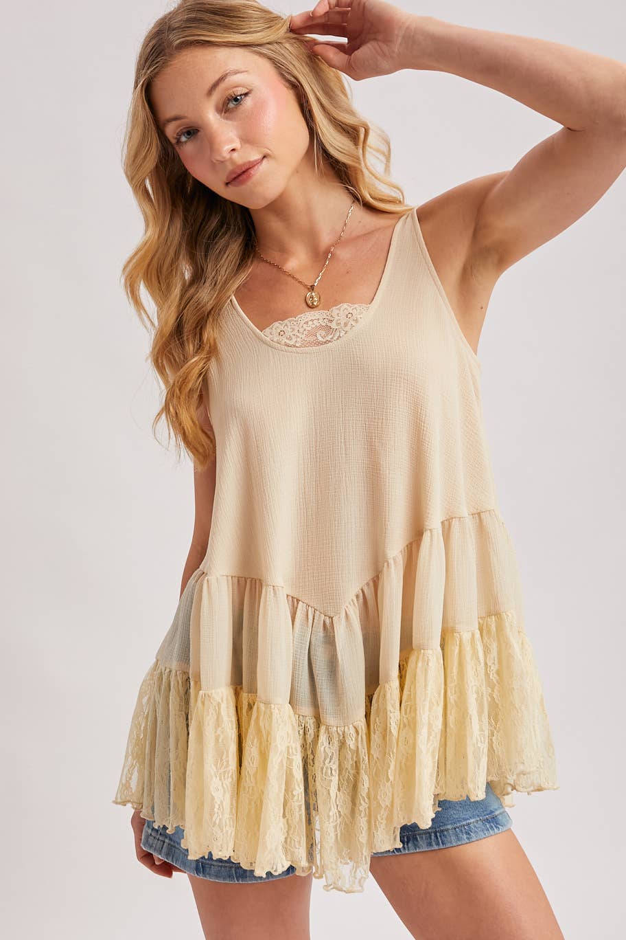 RUFFLE LACE TRIM SLIP TUNIC TOP: ECRU