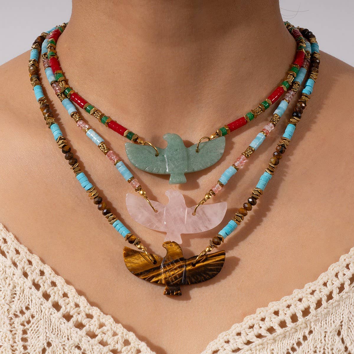 Handmade Eagle Necklace with Gemstone Beads_CWMM7532: TYPE2 / (OS) 1