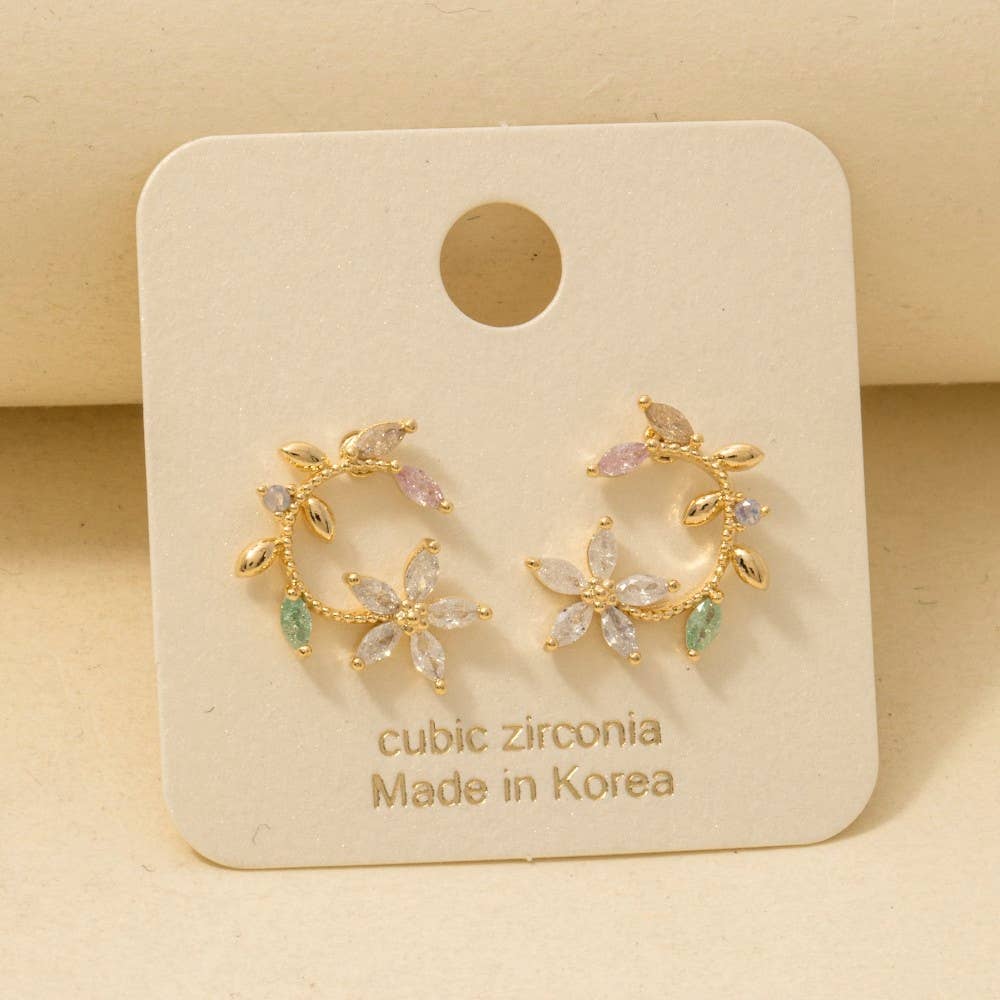 Gold Dipped Cz Leaf And Flower Circle Stud Earrings: G