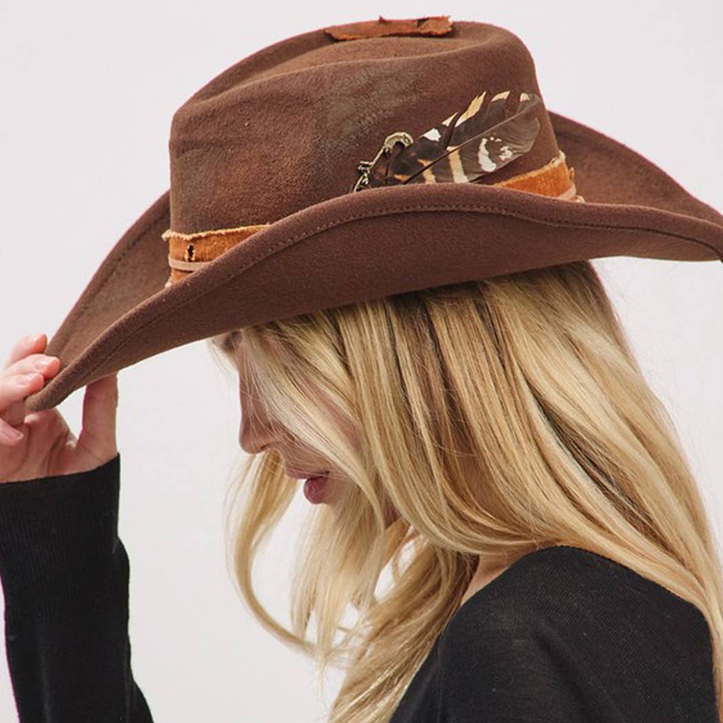 Vintage Versatile Shapeable Cowgirl & Fedora Hat With A Feat: Brown
