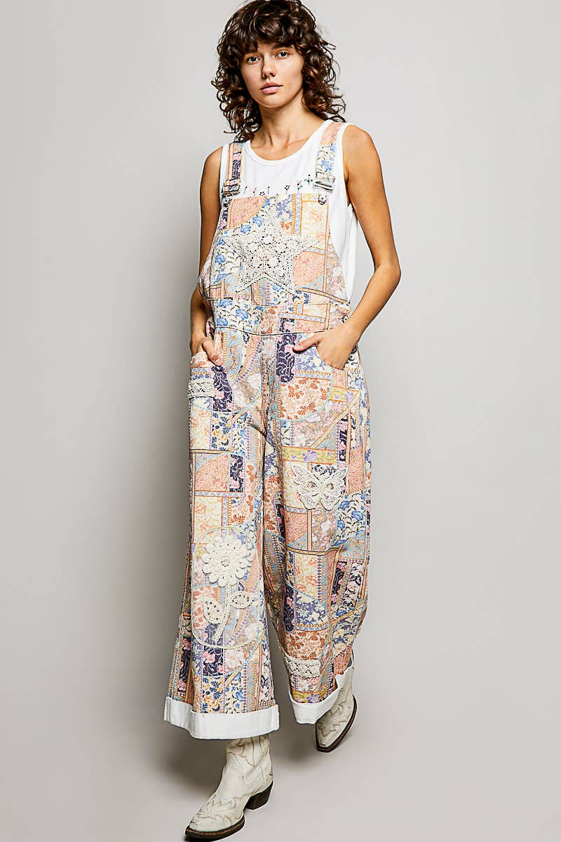 Floral Crochet Pearl Patch Roomy Fit Twill Overalls: FLORAL MULTI / M
