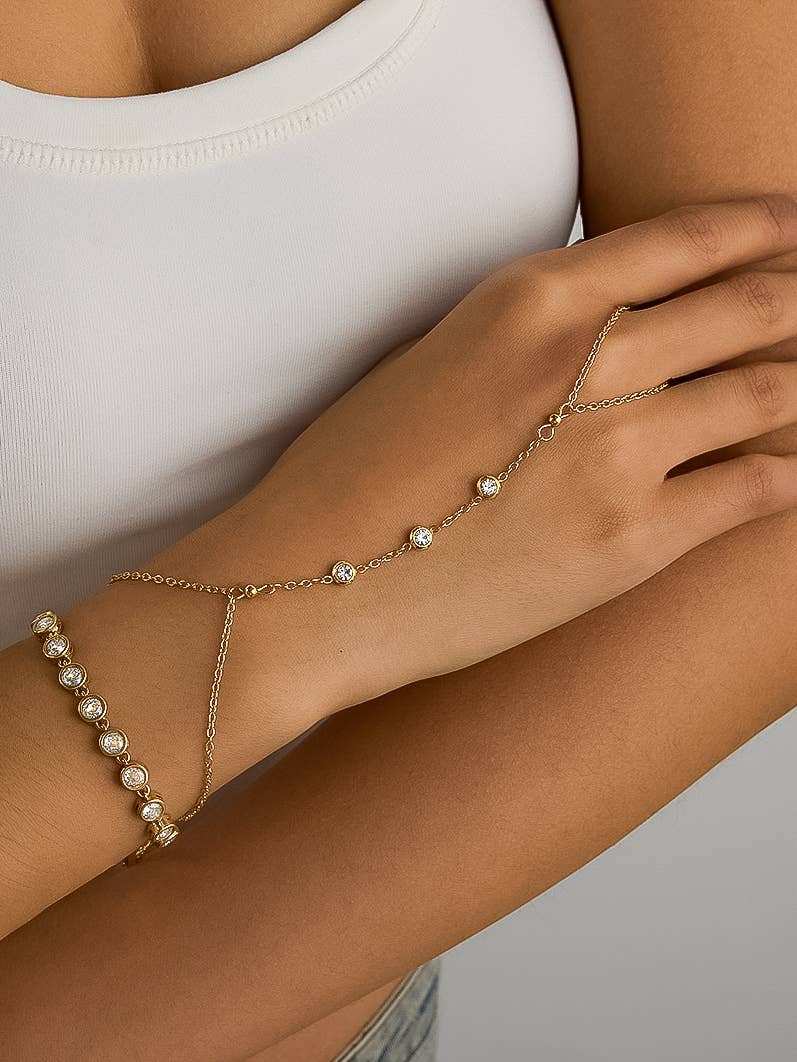 Nadine 18K Gold Non-Tarnish CZ Hand Chain Bracelet: Yellow Gold
