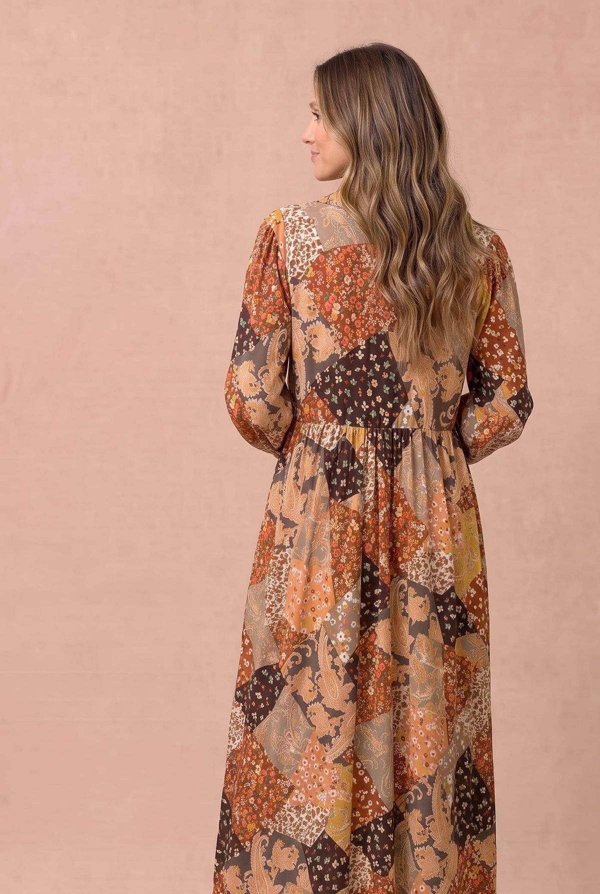 Floral and Geometric Patchwork Maxi Dress: RUST / L