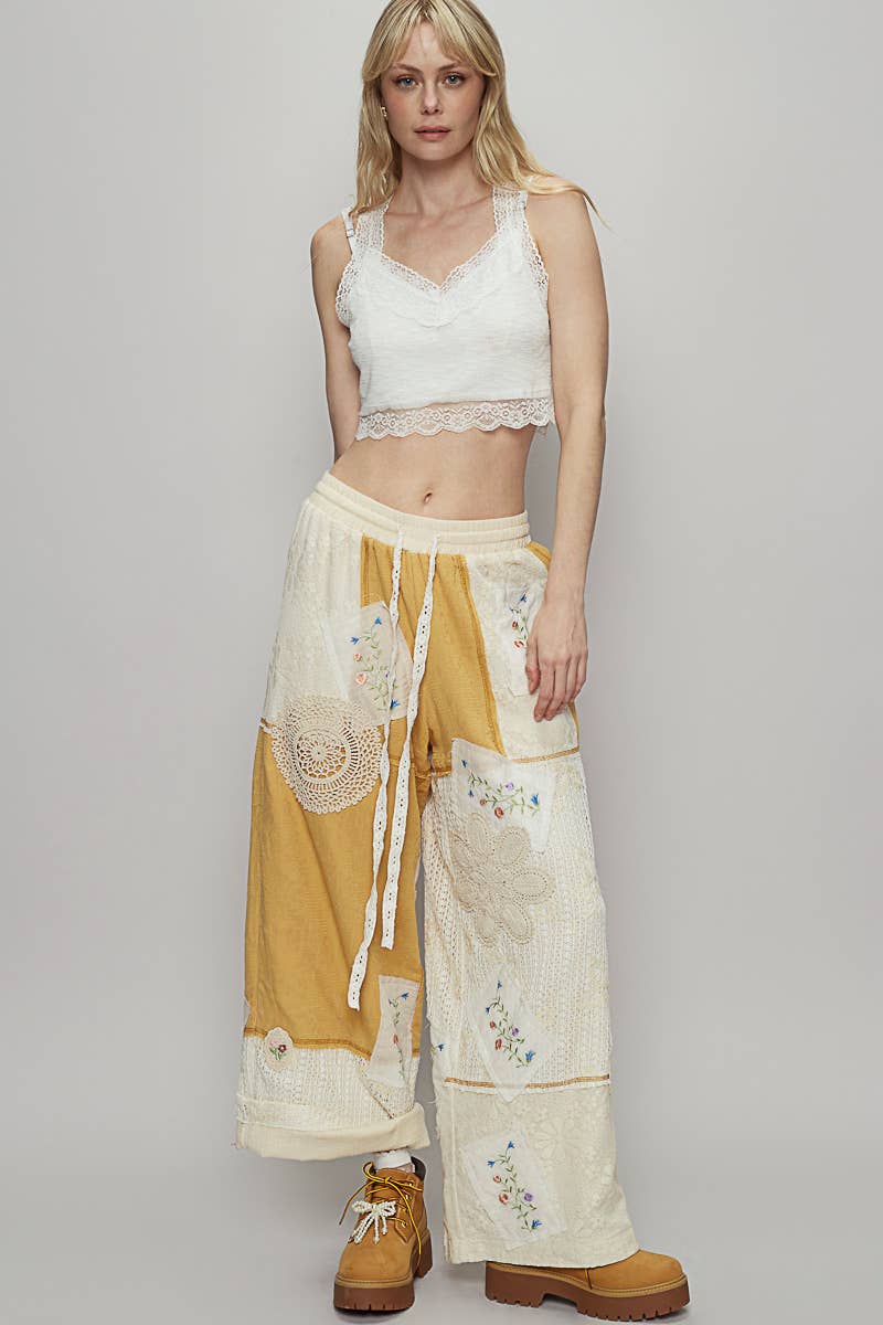 Solid lace patch detail woven pants