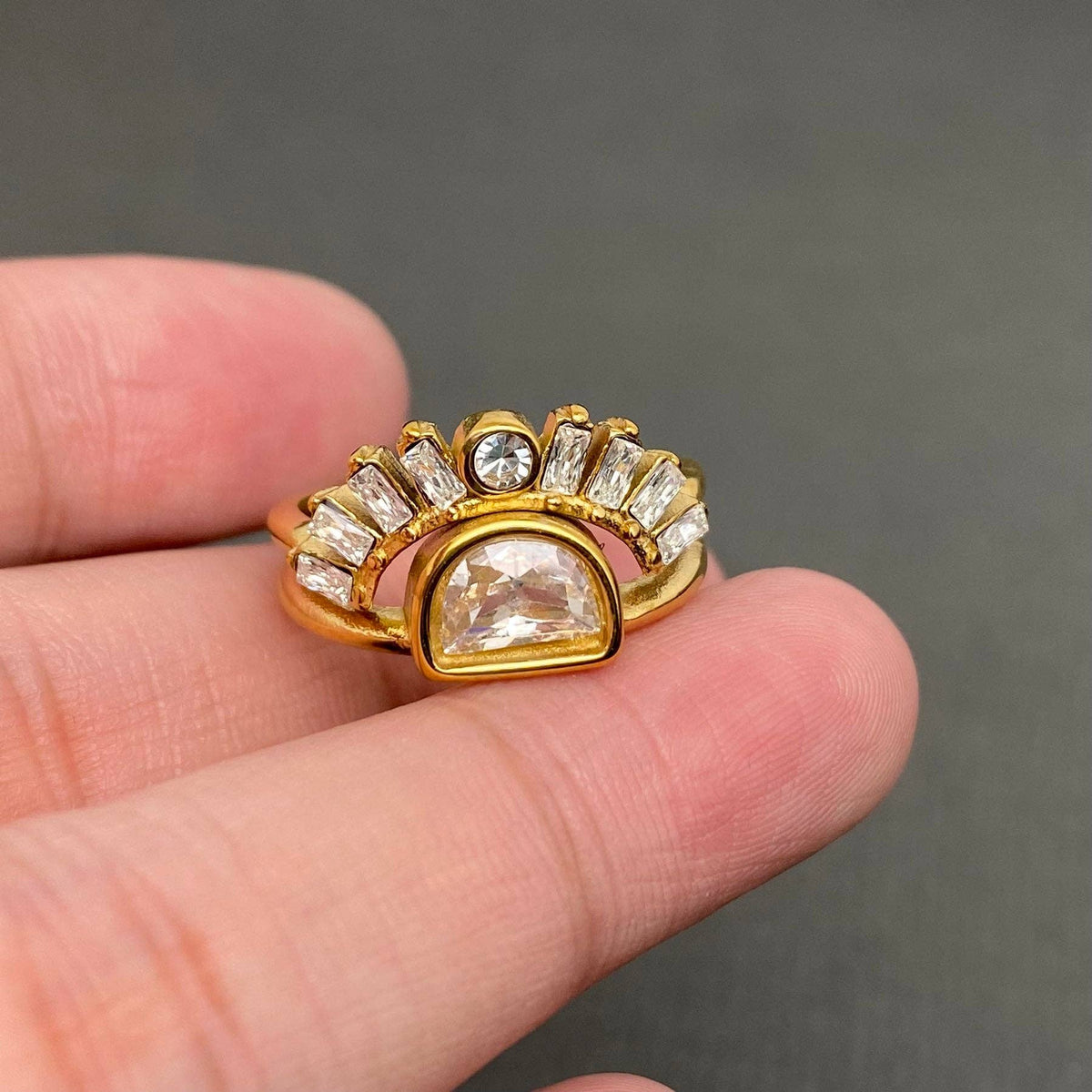 Zircon Inlaid 18K Gold Plated Stainless Steel Ring - FGS: 6