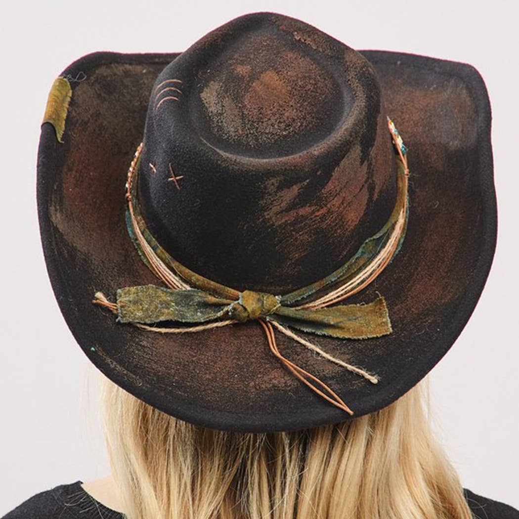 Vintage Versatile Shapeable Cowgirl & Fedora Hat With Distre: BK