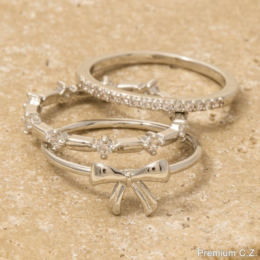 3 Piece Cz Studded Ribbon Bow Band Rings Set: CRR