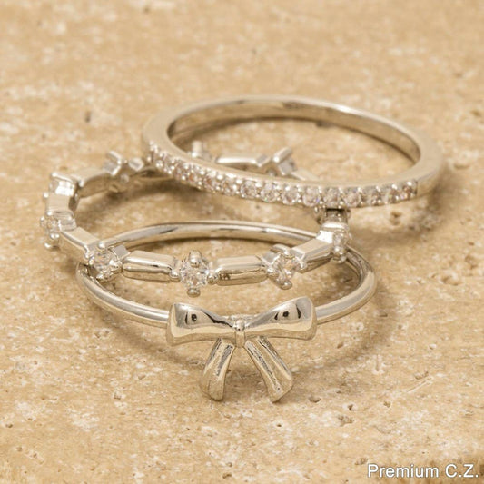 3 Piece Cz Studded Ribbon Bow Band Rings Set: CRR