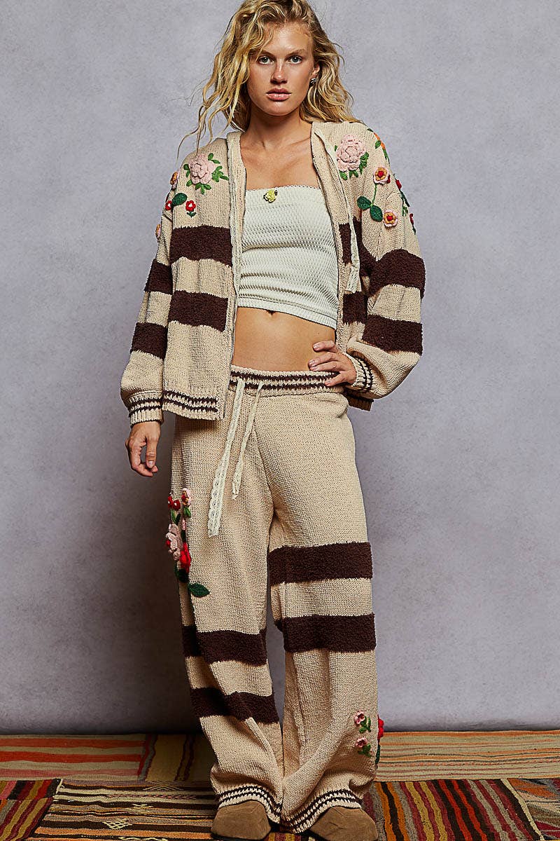 Striped pattern 3D embroidered detail chenille sweater pants