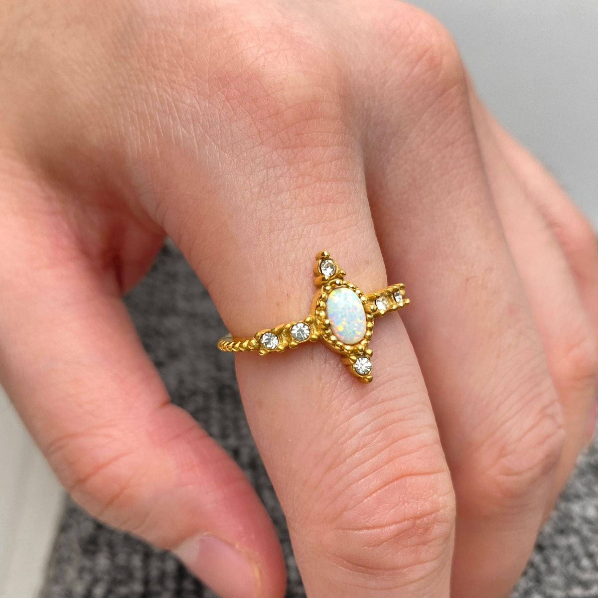 Inlaid CZ & Opal 18K Gold Plated Stainless Steel Ring-FGS/CS: 7
