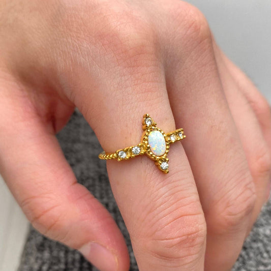 Inlaid CZ & Opal 18K Gold Plated Stainless Steel Ring-FGS/CS: 7